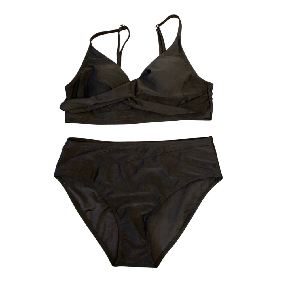 Black Wrap V-Neck Bikini Set High Waisted Bottoms Medium NEW